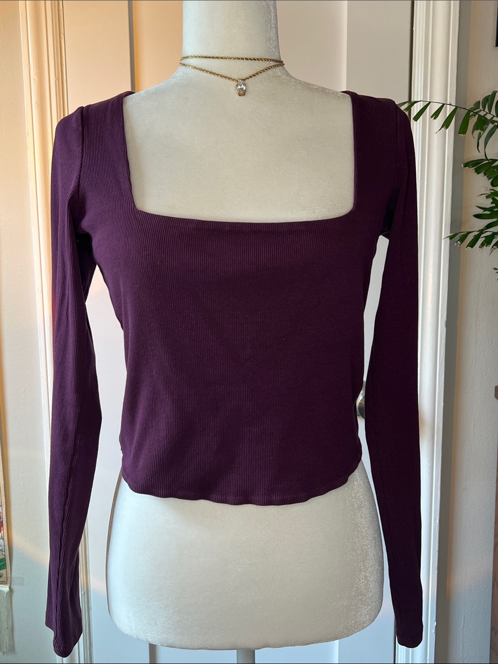 Zara Plum Ribbed Square-Neck Long Sleeve Top